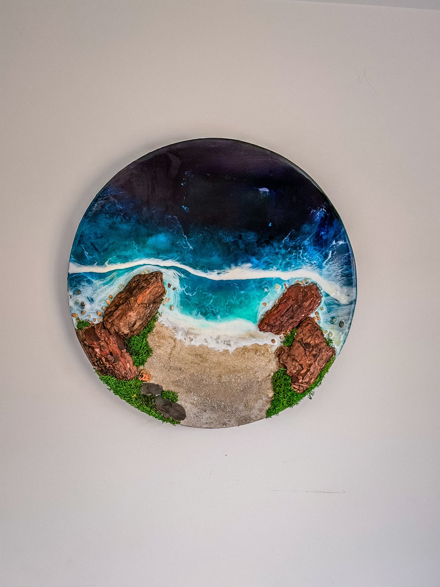 60cm Resin Ocean and Moss Digital Wall Clock | LED Wall Art RishStudio