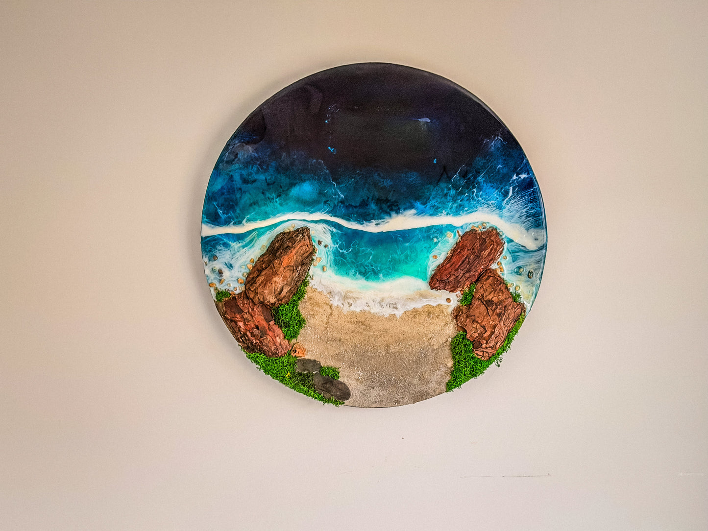 60cm Resin Ocean and Moss Digital Wall Clock | LED Wall Art RishStudio