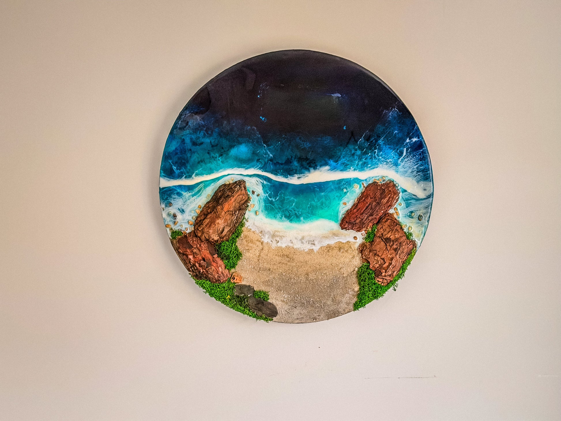 60cm Resin Ocean and Moss Digital Wall Clock | LED Wall Art RishStudio