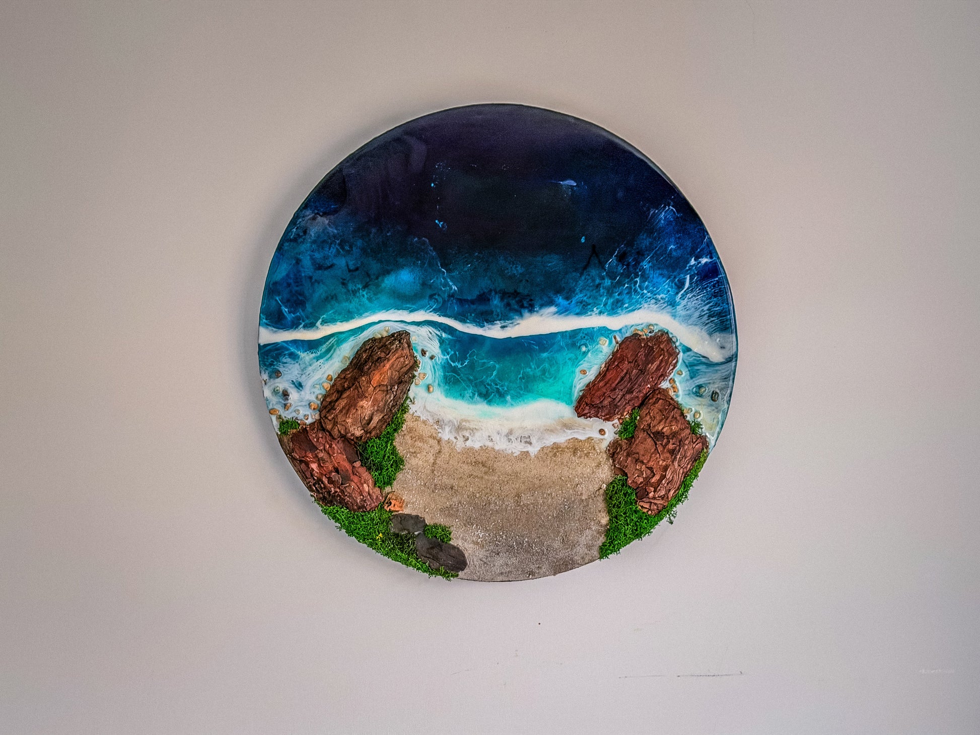 60cm Resin Ocean and Moss Digital Wall Clock | LED Wall Art RishStudio