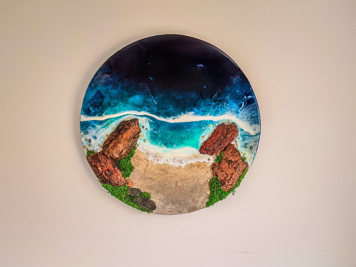 60cm Resin Ocean and Moss Digital Wall Clock | LED Wall Art RishStudio