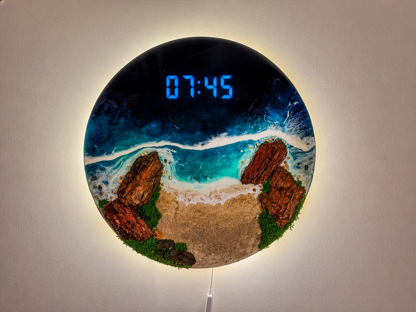 60cm Resin Ocean and Moss Digital Wall Clock | LED Wall Art RishStudio