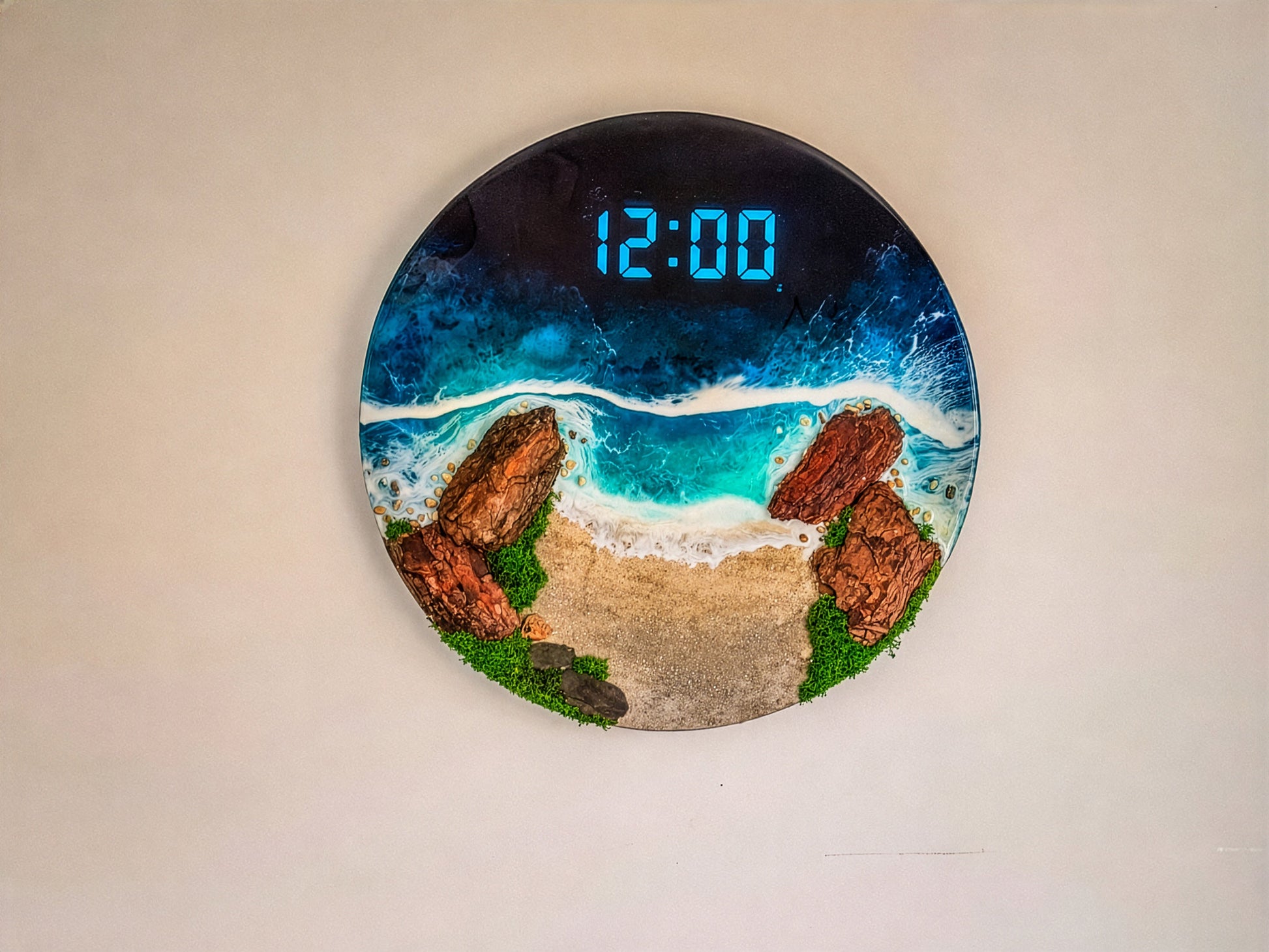 60cm Resin Ocean and Moss Digital Wall Clock | LED Wall Art RishStudio