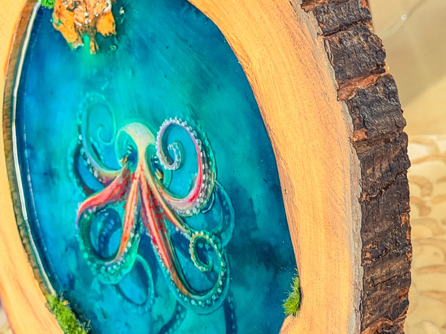 Octopus Portrait, Multi-Layer Resin Wall Art on Natural Wood RishStudio