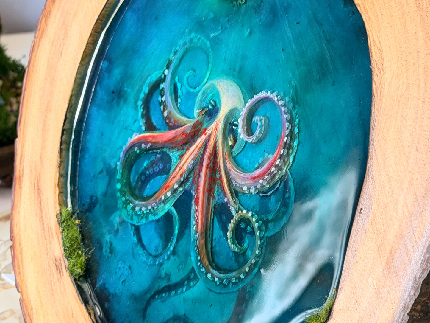 Octopus Portrait, Multi-Layer Resin Wall Art on Natural Wood RishStudio