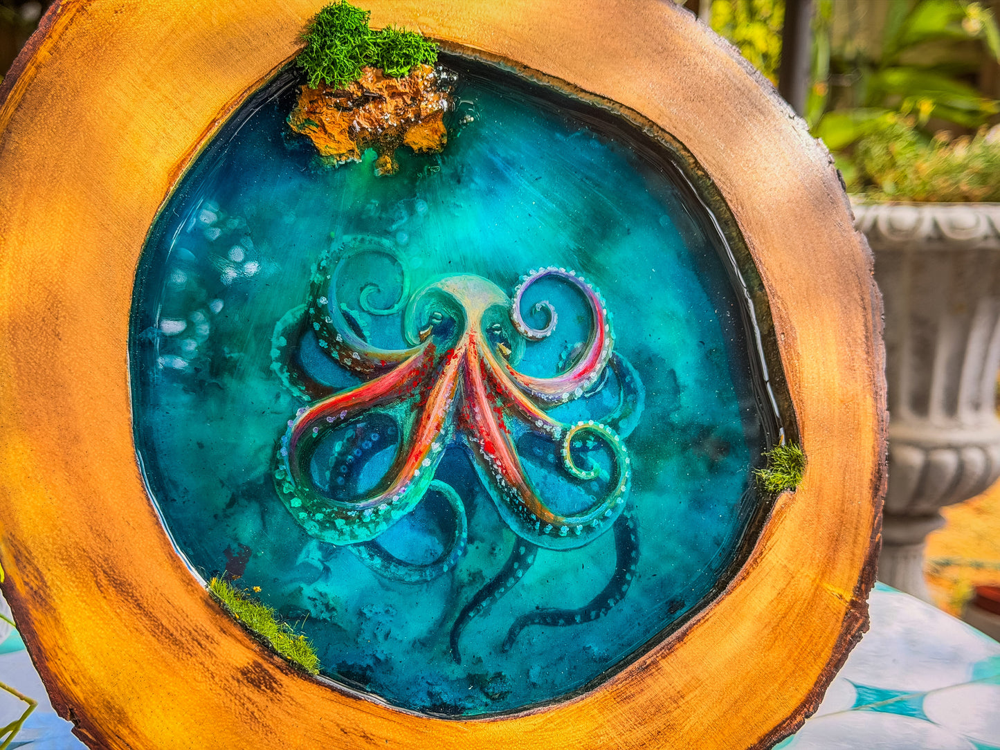 Octopus Portrait, Multi-Layer Resin Wall Art on Natural Wood RishStudio