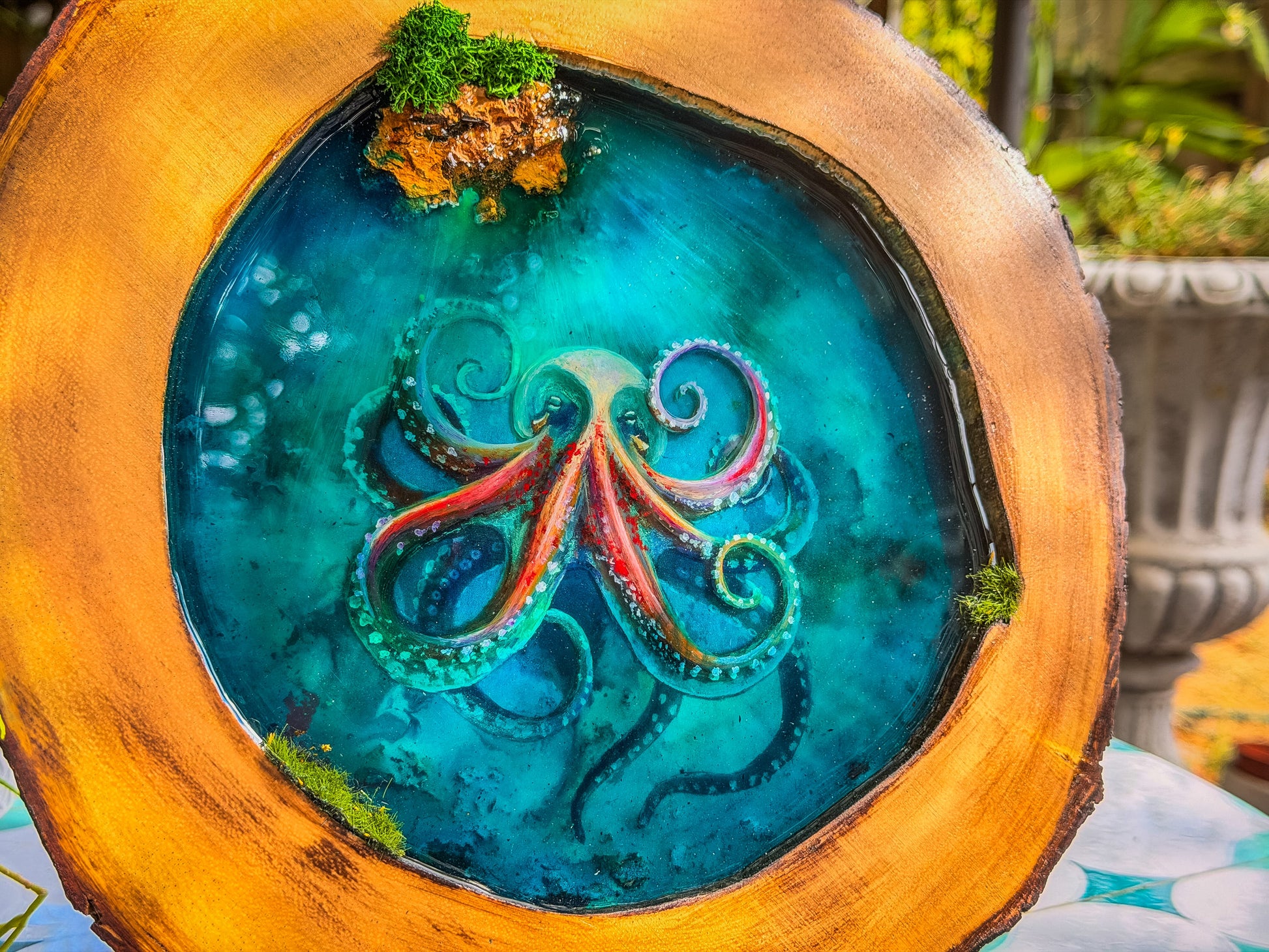 Octopus Portrait, Multi-Layer Resin Wall Art on Natural Wood RishStudio