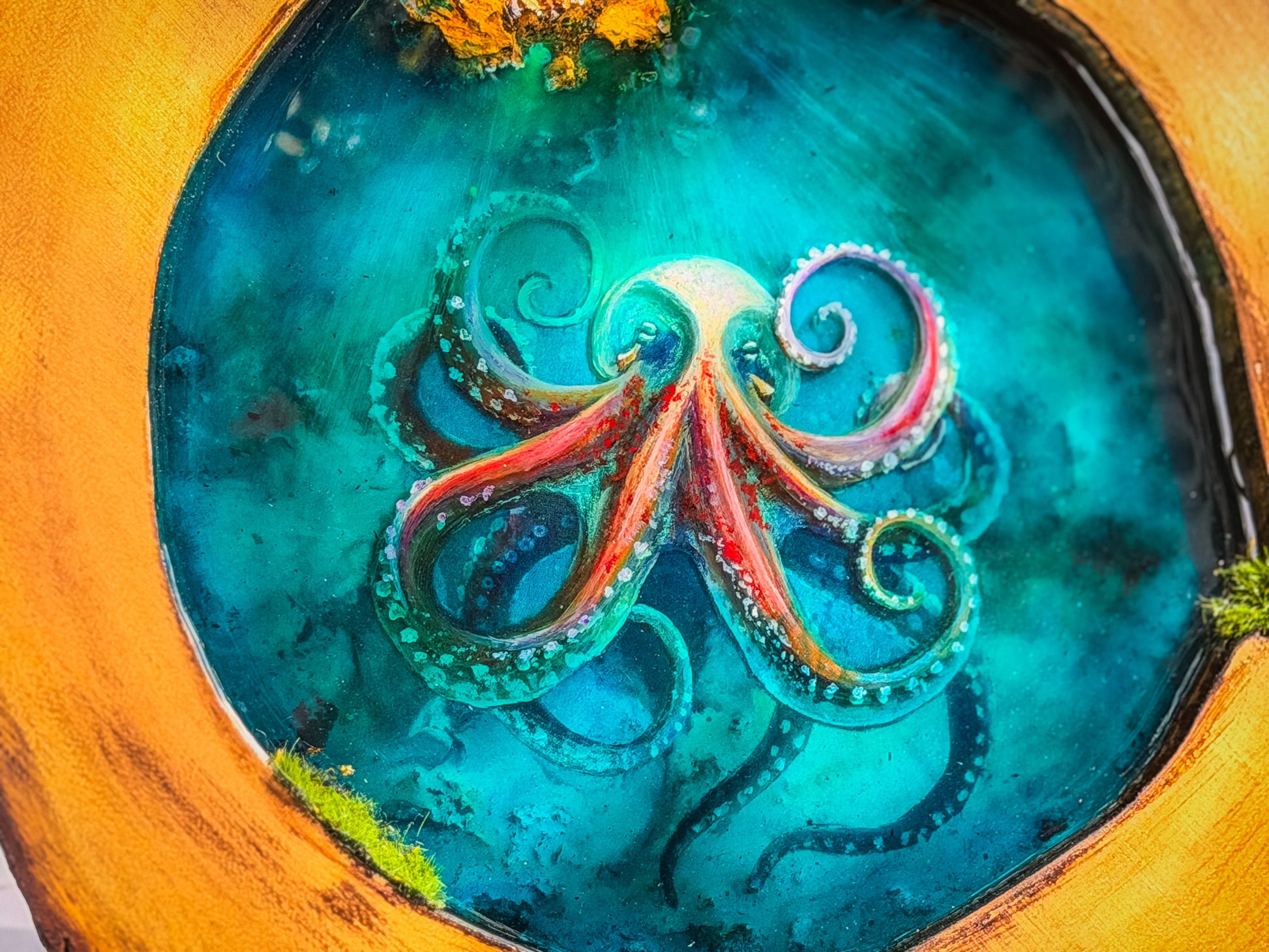 Octopus Portrait, Multi-Layer Resin Wall Art on Natural Wood RishStudio