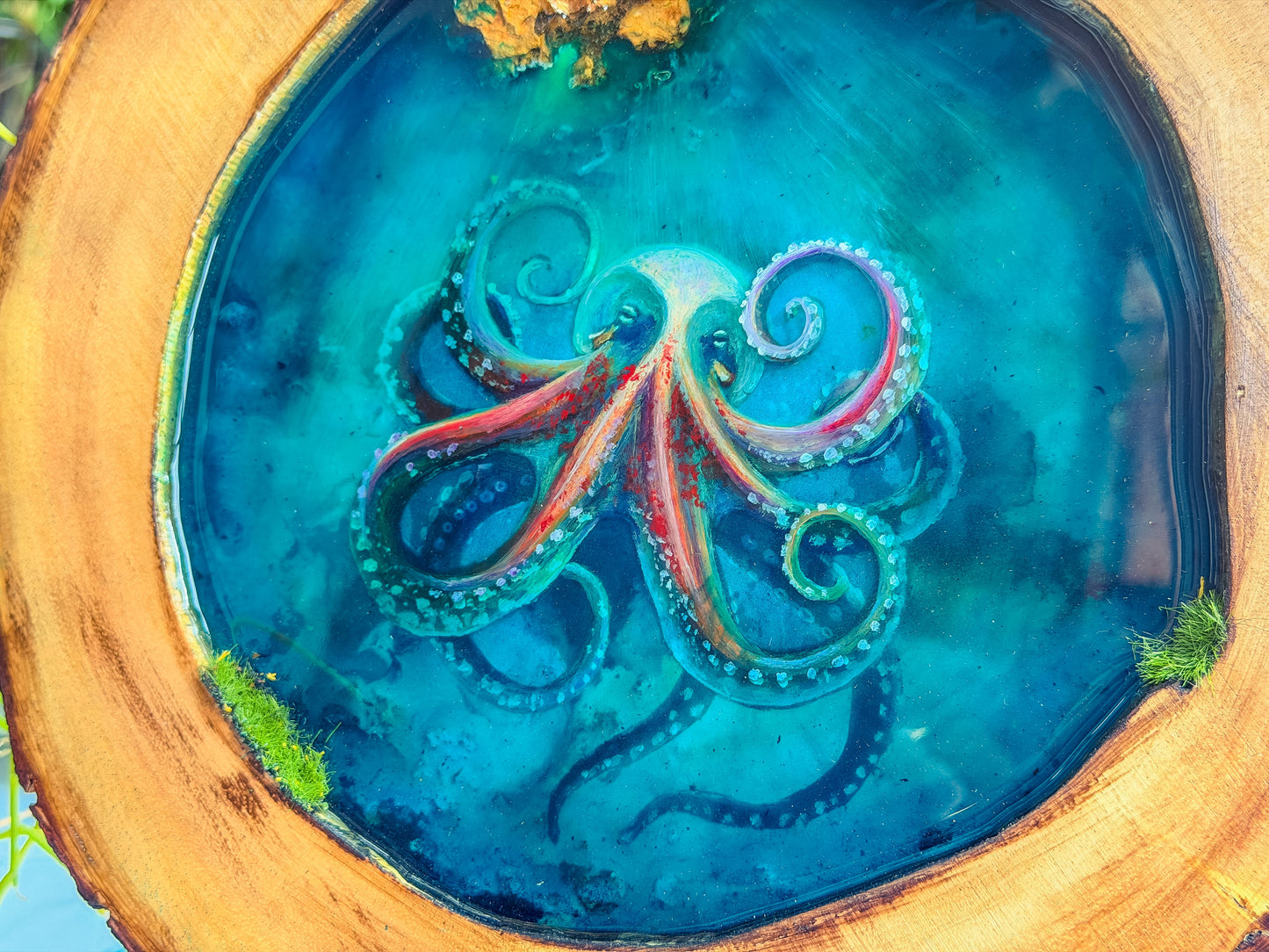 Octopus Portrait, Multi-Layer Resin Wall Art on Natural Wood RishStudio