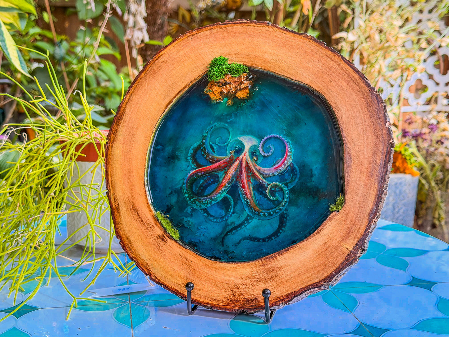 Octopus Portrait, Multi-Layer Resin Wall Art on Natural Wood RishStudio