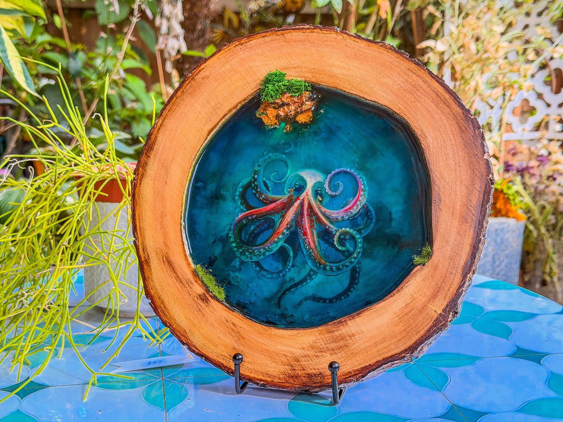 Octopus Portrait, Multi-Layer Resin Wall Art on Natural Wood RishStudio