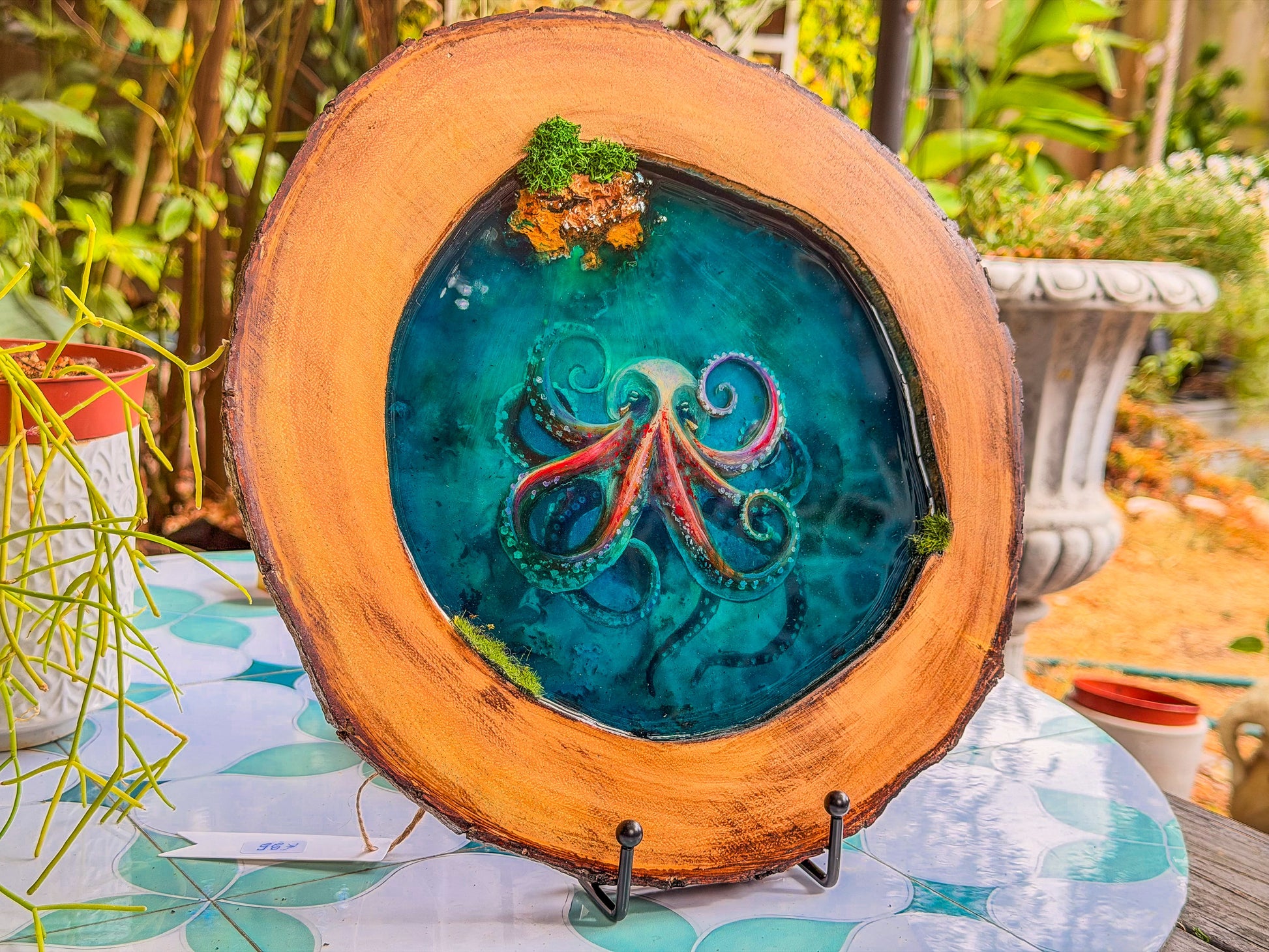 Octopus Portrait, Multi-Layer Resin Wall Art on Natural Wood RishStudio