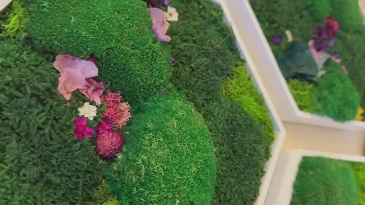 Hexagonal Moss Wall Art Set – Handmade Moss Decor with flowers & Preserved Greenery Panels for Home & Office