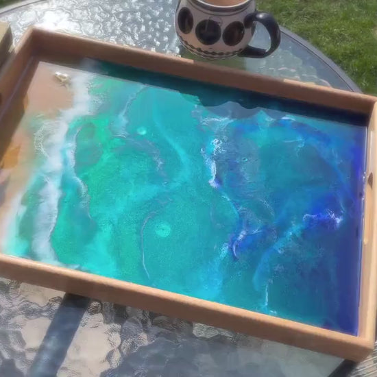 Ocean Resin Art Serving Tray | Handmade Wooden Beach Tray for Coastal Decor