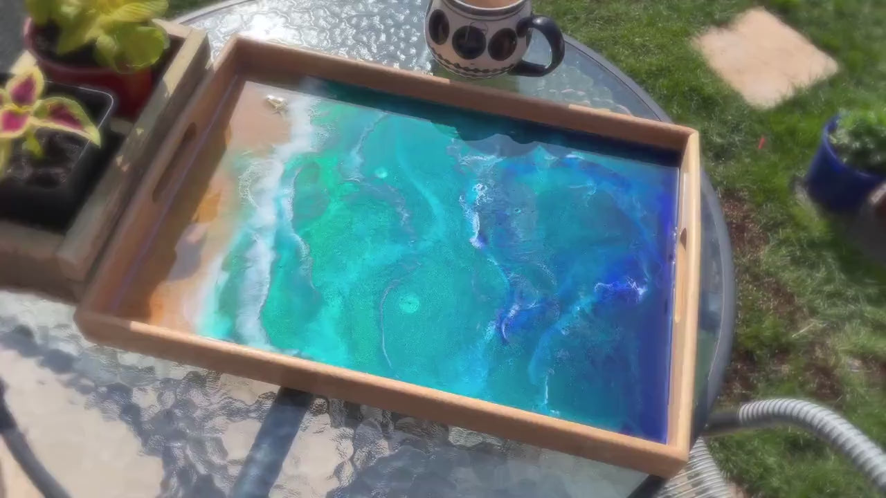 Ocean Resin Art Serving Tray | Handmade Wooden Beach Tray for Coastal Decor