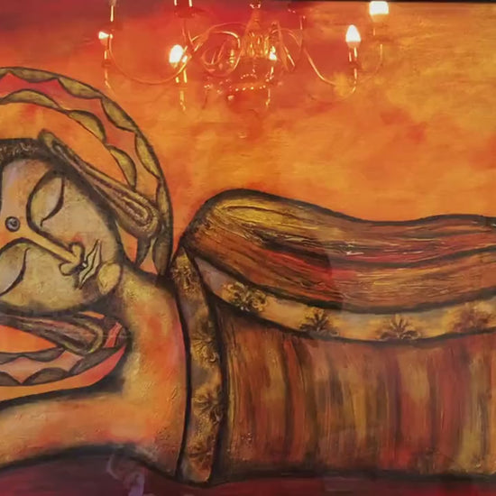 Hand-Painted Reclining Buddha Wall Art – Spiritual Zen Canvas Painting, Serene Buddhist Décor, Meditation Room Artwork, Rustic Gold Tones