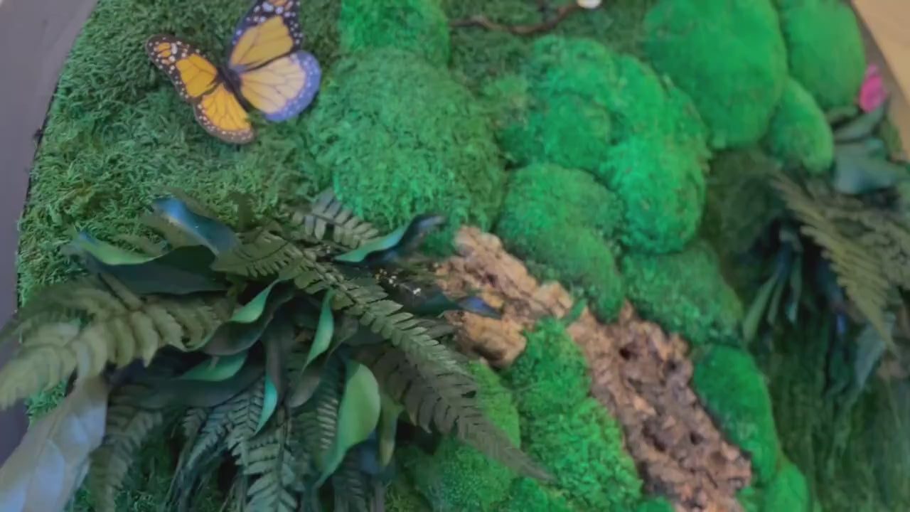 Indoor Moss Wall Art Framed | Circular Moss Wall Art with Neon Sign Light