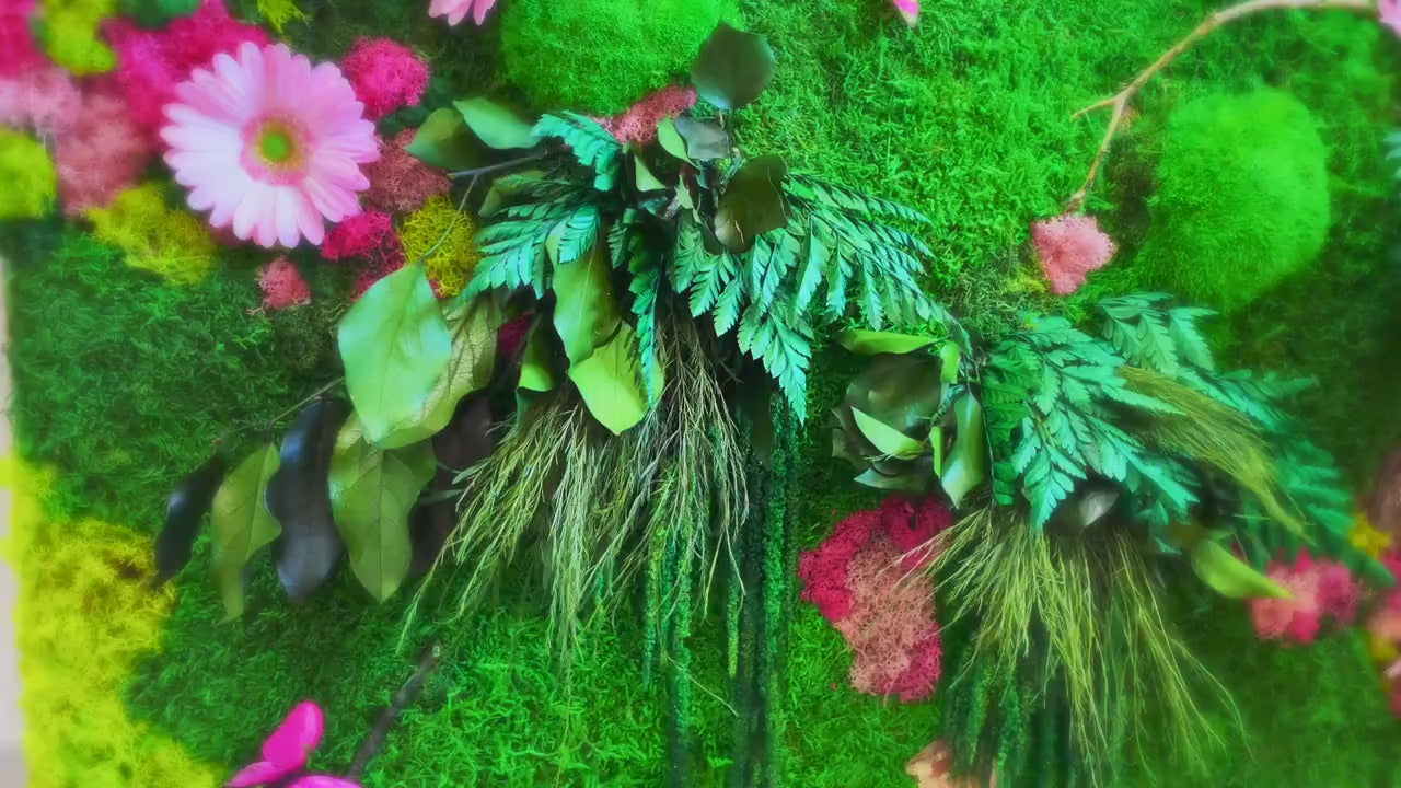 Preserved Moss Wall Art with Colorful Lichen & Flowers – Framed Biophilic Living Wall Panel – Handmade Botanical Decor for Modern Interiors