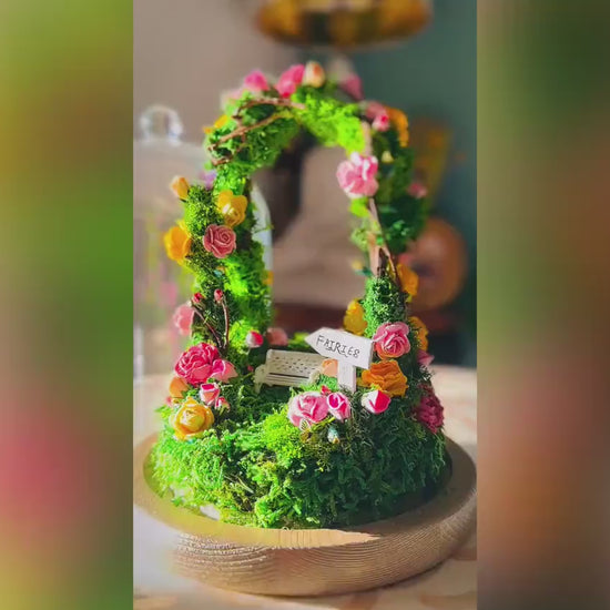 Fairy Garden Enclosed Terrarium Dome Kit | DIY Mini Fairy Garden | Moss Art with Floral Arch
