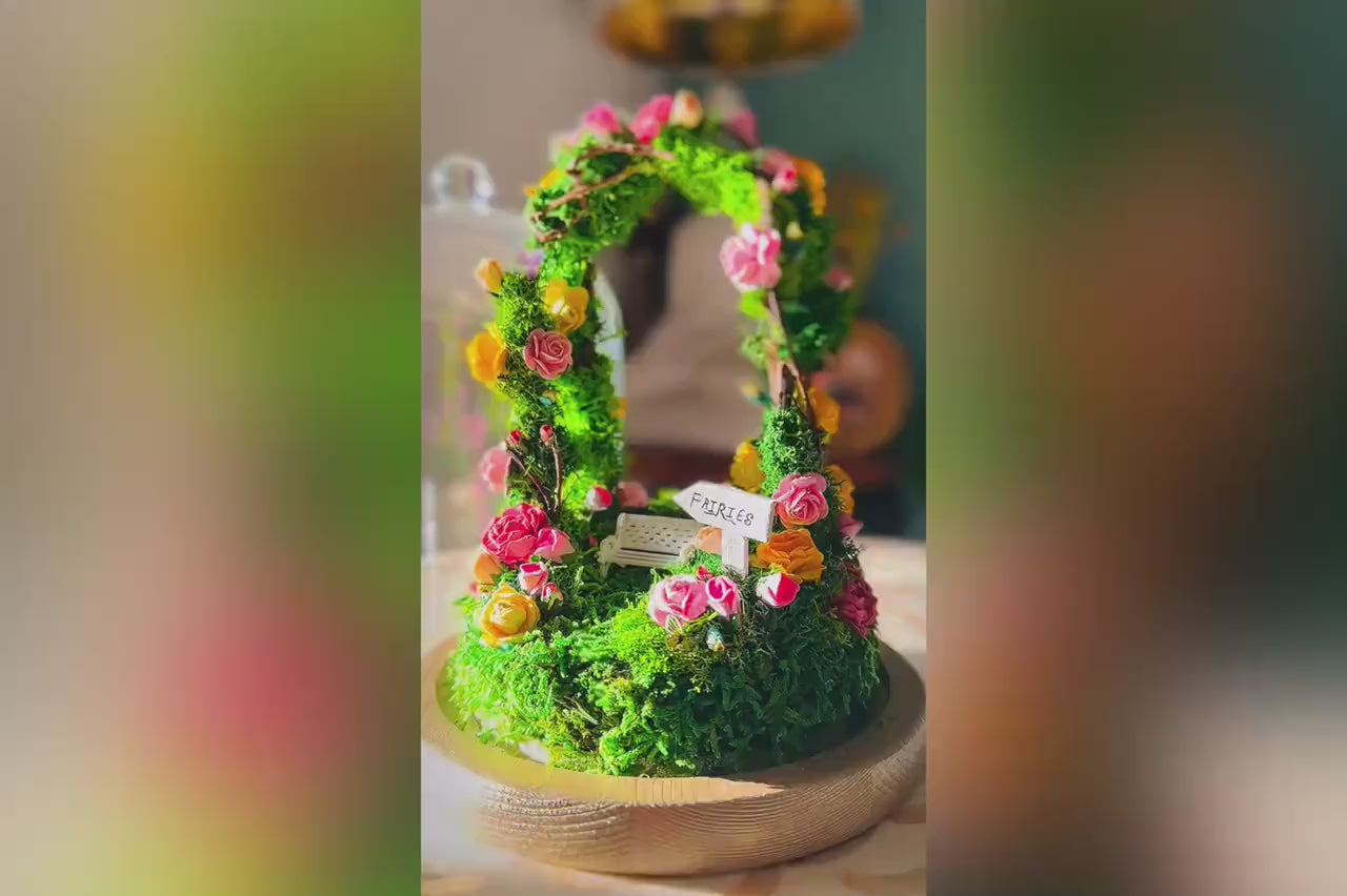 Fairy Garden Enclosed Terrarium Dome Kit | DIY Mini Fairy Garden | Moss Art with Floral Arch