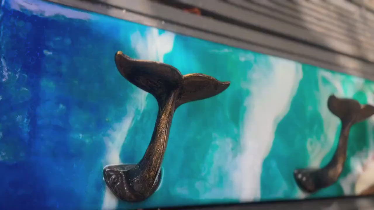 Handmade Ocean Resin Wall Hook Organizer – Coastal Whale Tail Decor