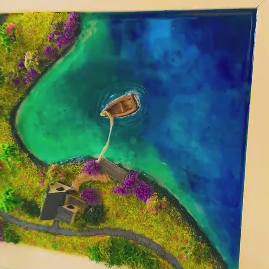 Moss Wall Art: Resin Ocean Island Diorama with Miniature House & Boat