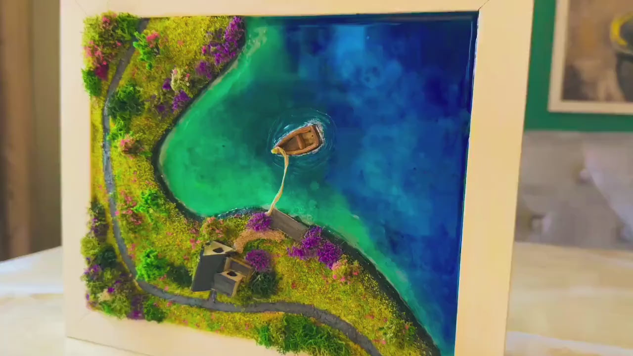 Moss Wall Art: Resin Ocean Island Diorama with Miniature House & Boat