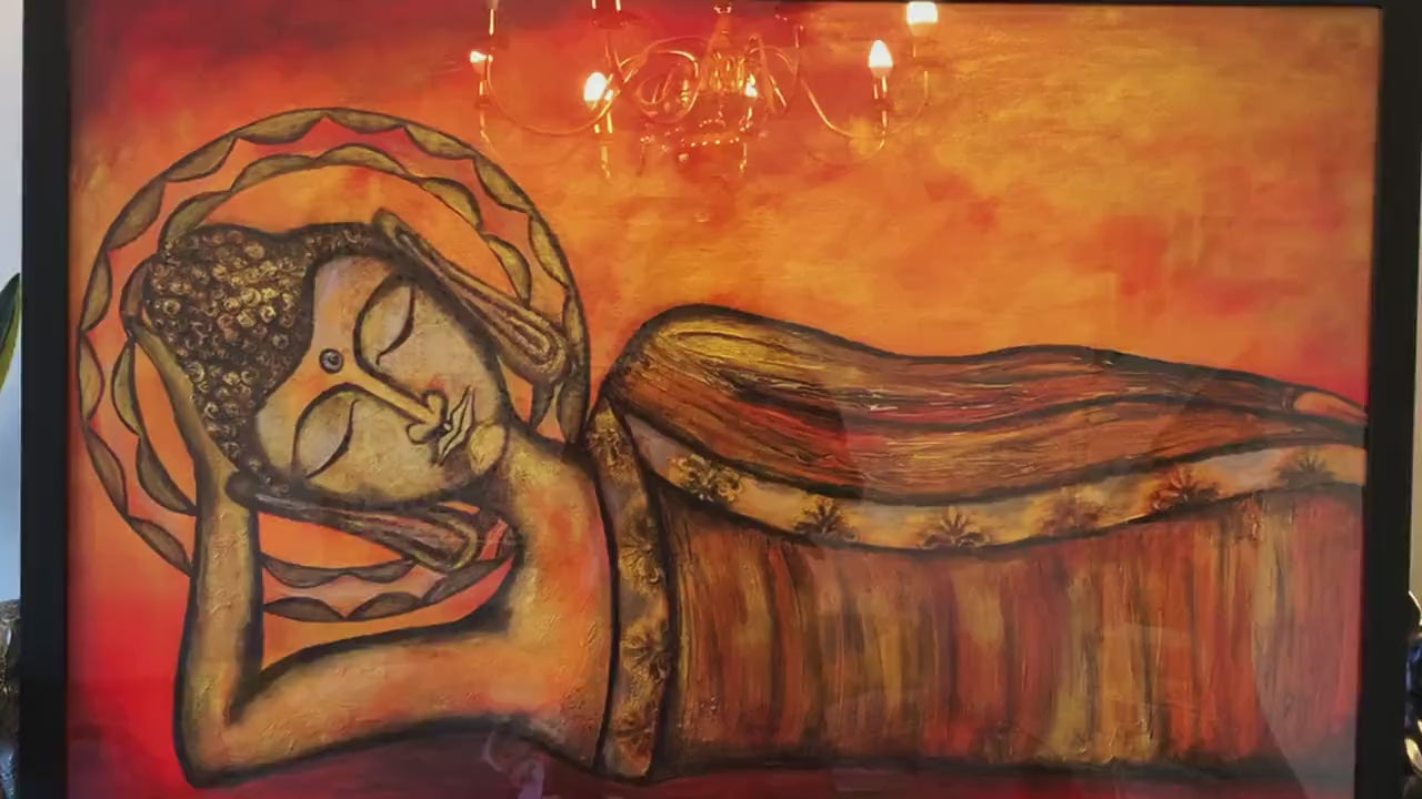 Hand-Painted Reclining Buddha Wall Art – Spiritual Zen Canvas Painting, Serene Buddhist Décor, Meditation Room Artwork, Rustic Gold Tones