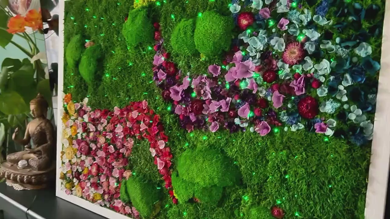 Rainbow Moss Wall Art with LED Lights, Handmade Moss Artwork, Colorful Moss Wall Garden