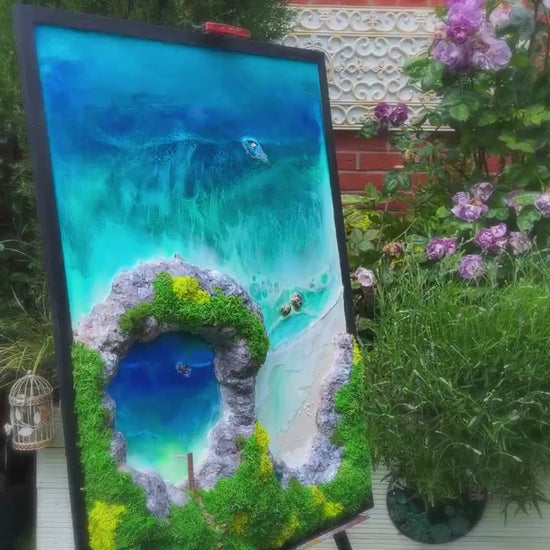 Ocean wall art with preserved moss and wood | Resin Sea Poster