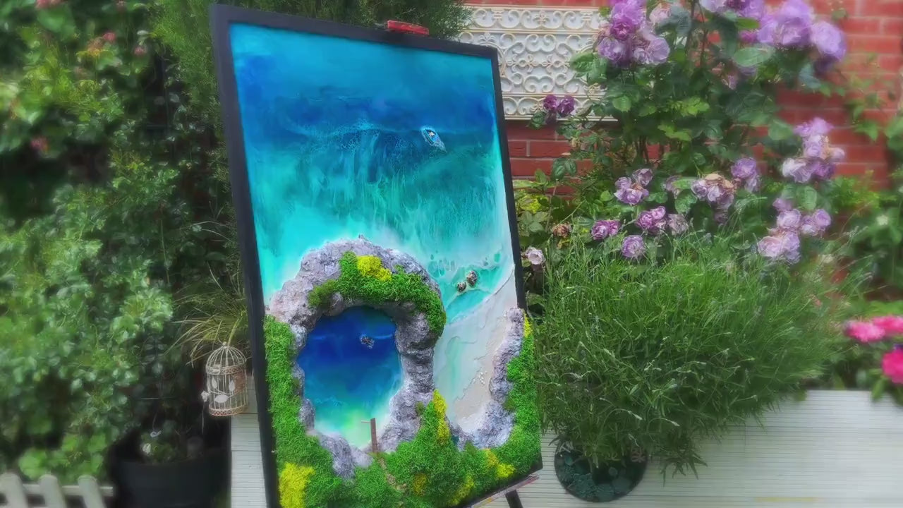 Ocean wall art with preserved moss and wood | Resin Sea Poster