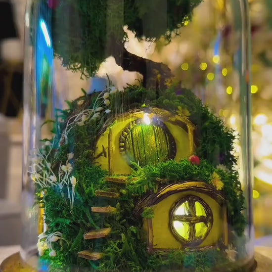Hobbit House Terrarium in Glass Dome: Handmade Fairy House With Lights, Light Up Terrarium Kit, Cottagecore Decor,