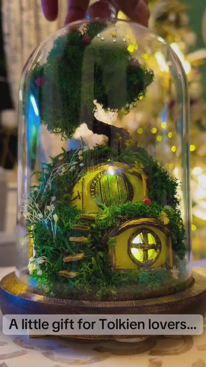 Hobbit House Terrarium in Glass Dome: Handmade Fairy House With Lights, Light Up Terrarium Kit, Cottagecore Decor,