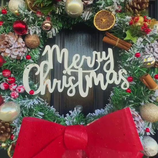 Luxury Christmas Wreath with Red Bow – Handmade Front Door Decoration – Pinecone & Bauble Holiday Wreath with “Merry Christmas” Sign