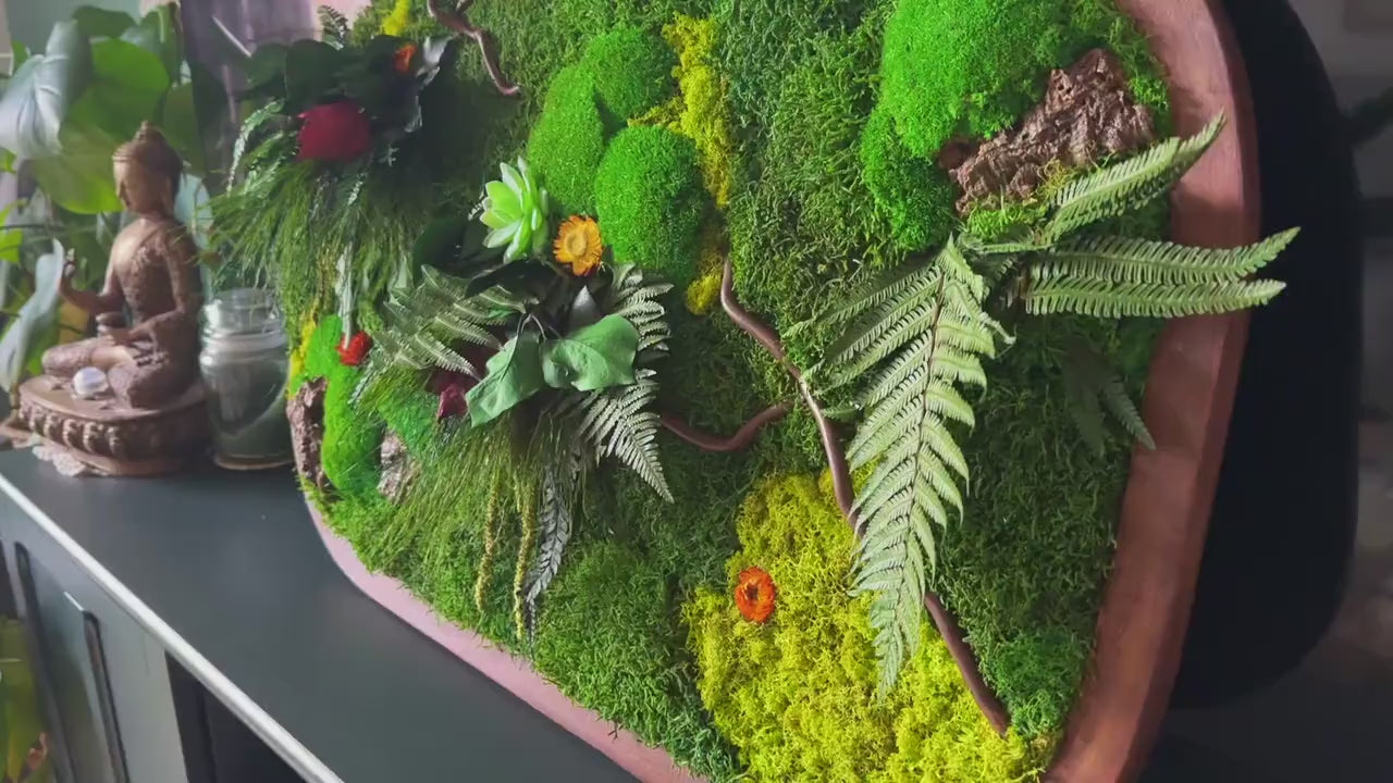 Oval Framed Preserved Moss Wall Art: Botanical Decor Walnut Irregular Frame, Natural Moss Painting