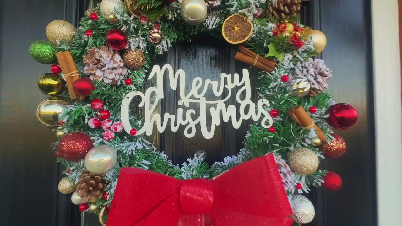 Luxury Christmas Wreath with Red Bow – Handmade Front Door Decoration – Pinecone & Bauble Holiday Wreath with “Merry Christmas” Sign