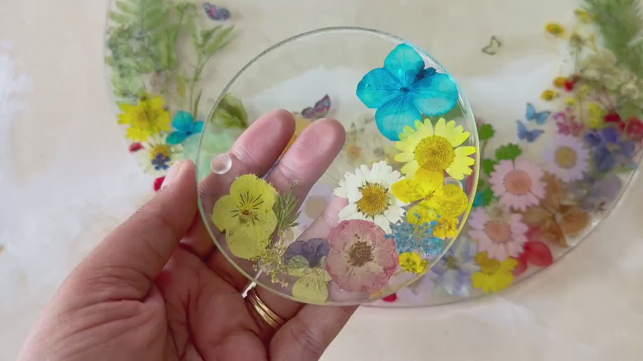 Pressed Flower Glass Placemats & Coasters Set: Botanical Cottage Decor