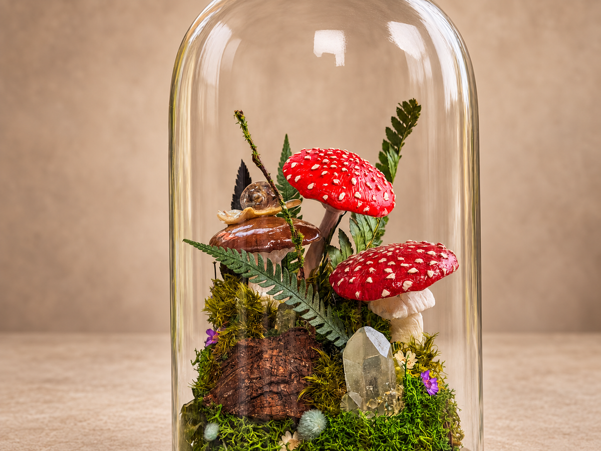 Light-Up Woodland Terrarium, Glass Dome with Moss, Toadstools & Crystals RishStudio