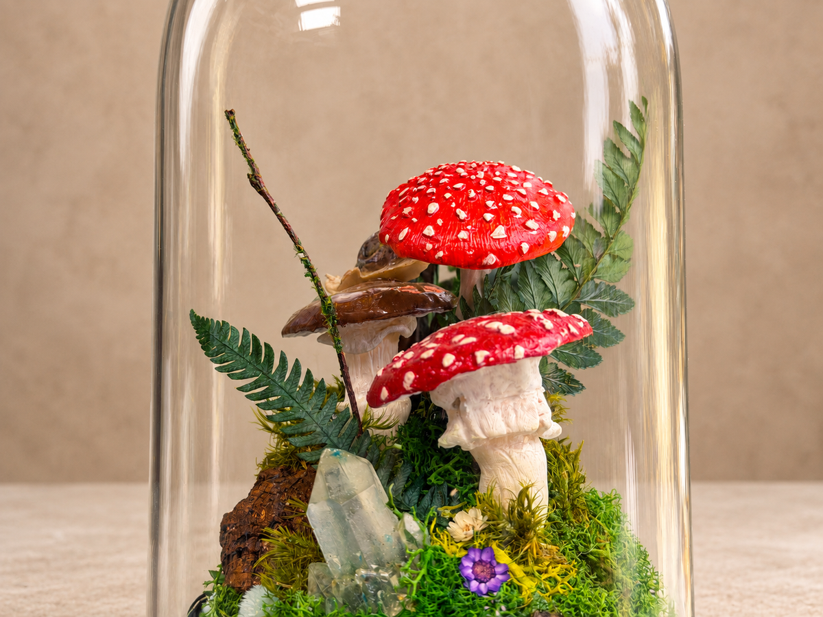 Light-Up Woodland Terrarium, Glass Dome with Moss, Toadstools & Crystals RishStudio