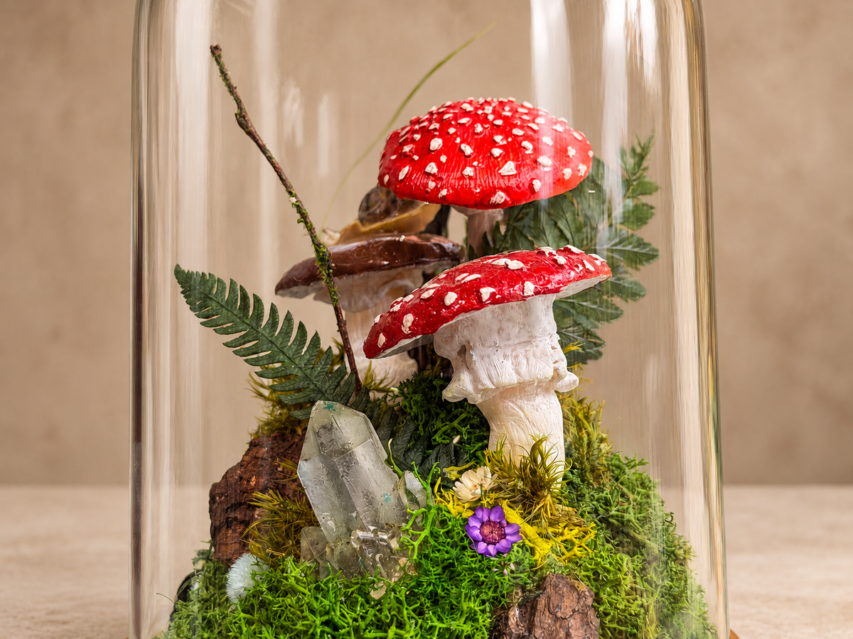 Light-Up Woodland Terrarium, Glass Dome with Moss, Toadstools & Crystals RishStudio