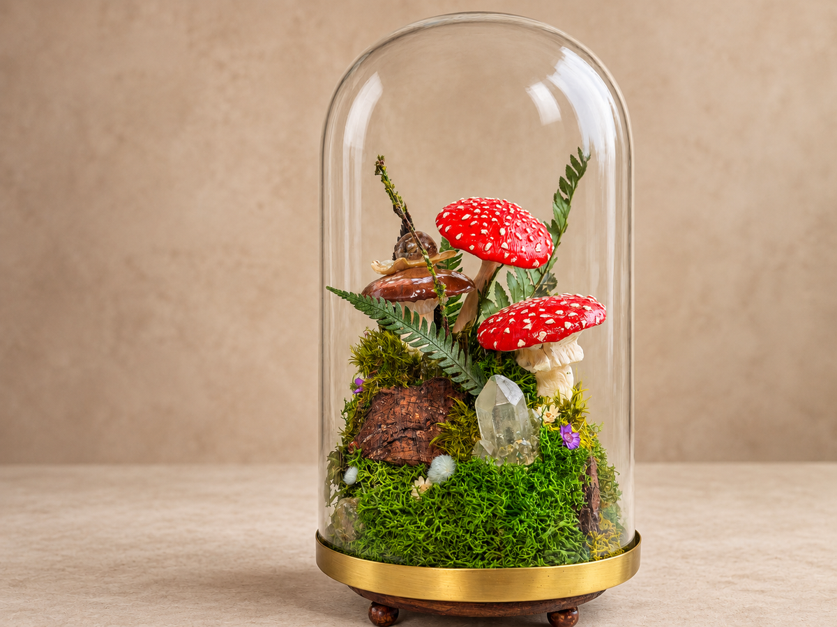 Light-Up Woodland Terrarium, Glass Dome with Moss, Toadstools & Crystals RishStudio