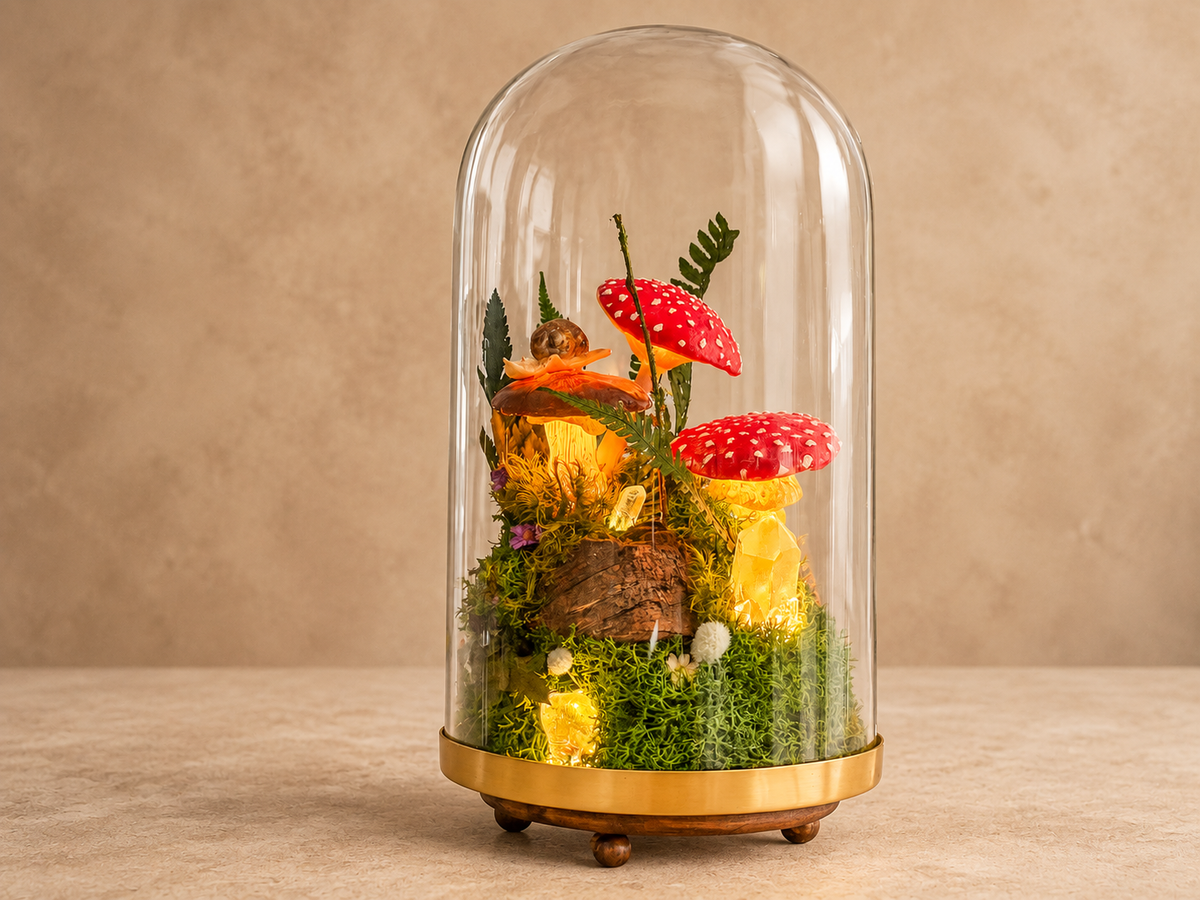 Light-Up Woodland Terrarium, Glass Dome with Moss, Toadstools & Crystals RishStudio