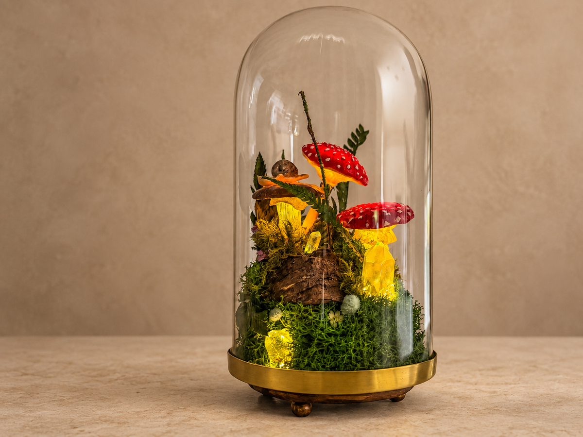 Light-Up Woodland Terrarium, Glass Dome with Moss, Toadstools & Crystals RishStudio