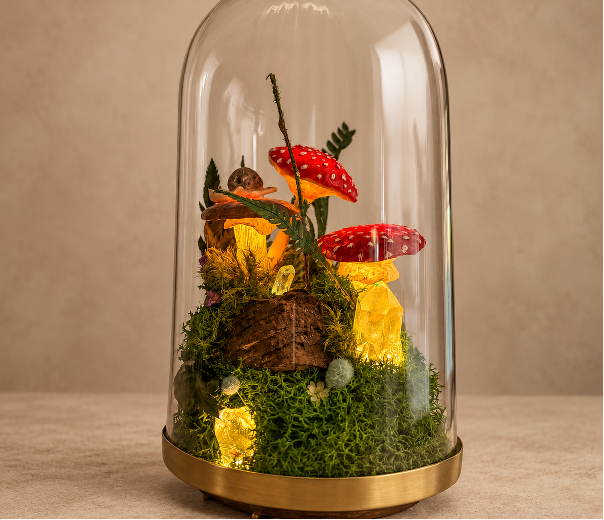 Light-Up Woodland Terrarium, Glass Dome with Moss, Toadstools & Crystals RishStudio