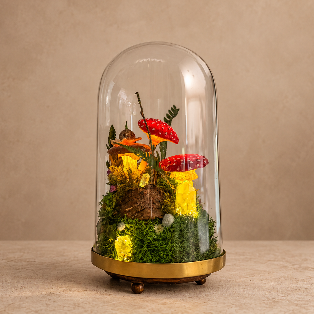 Light-Up Woodland Terrarium, Glass Dome with Moss, Toadstools & Crystals RishStudio