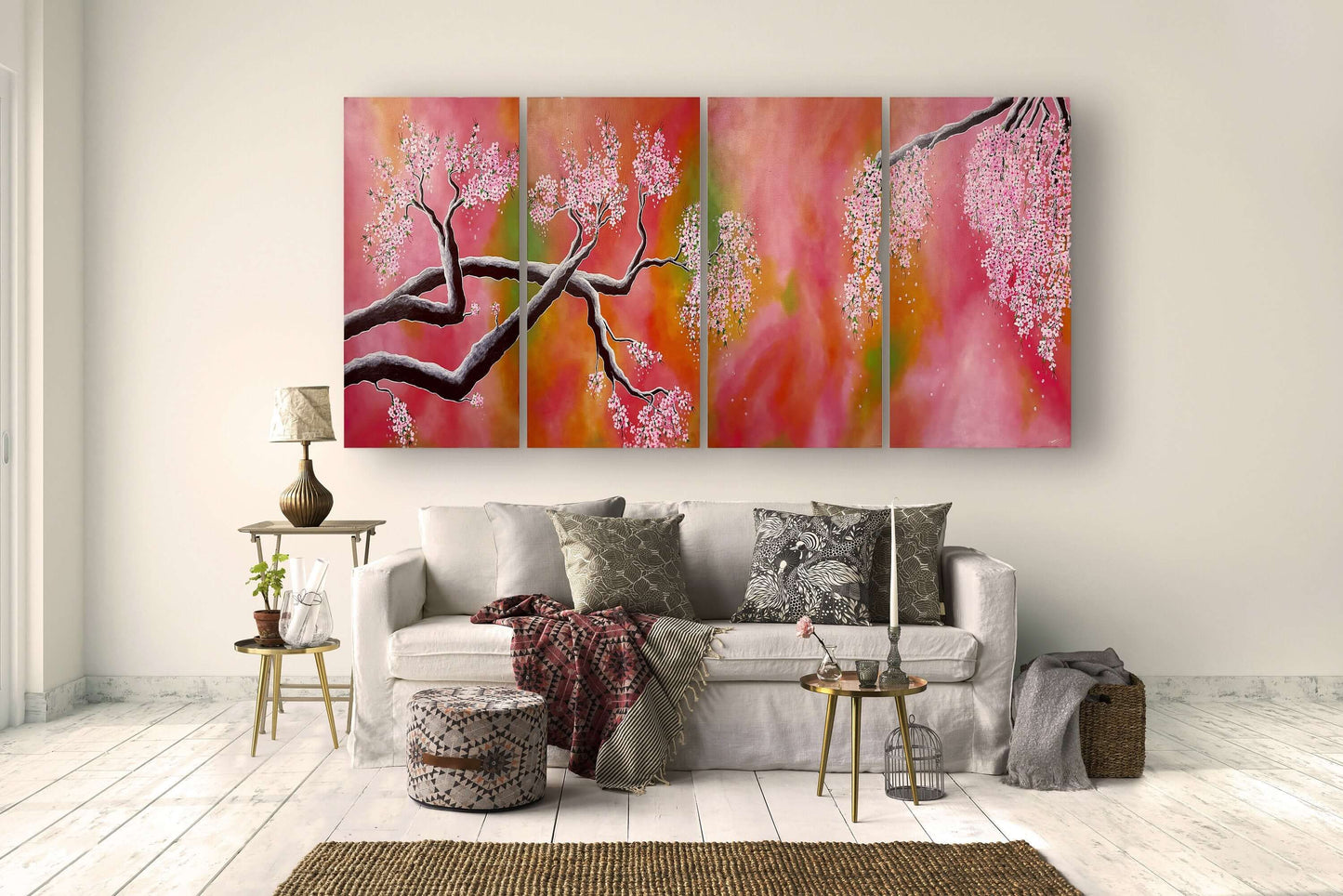 Multi panel Acrylic Painting, Cherry blossom wall art | Rishstudio RishStudio
