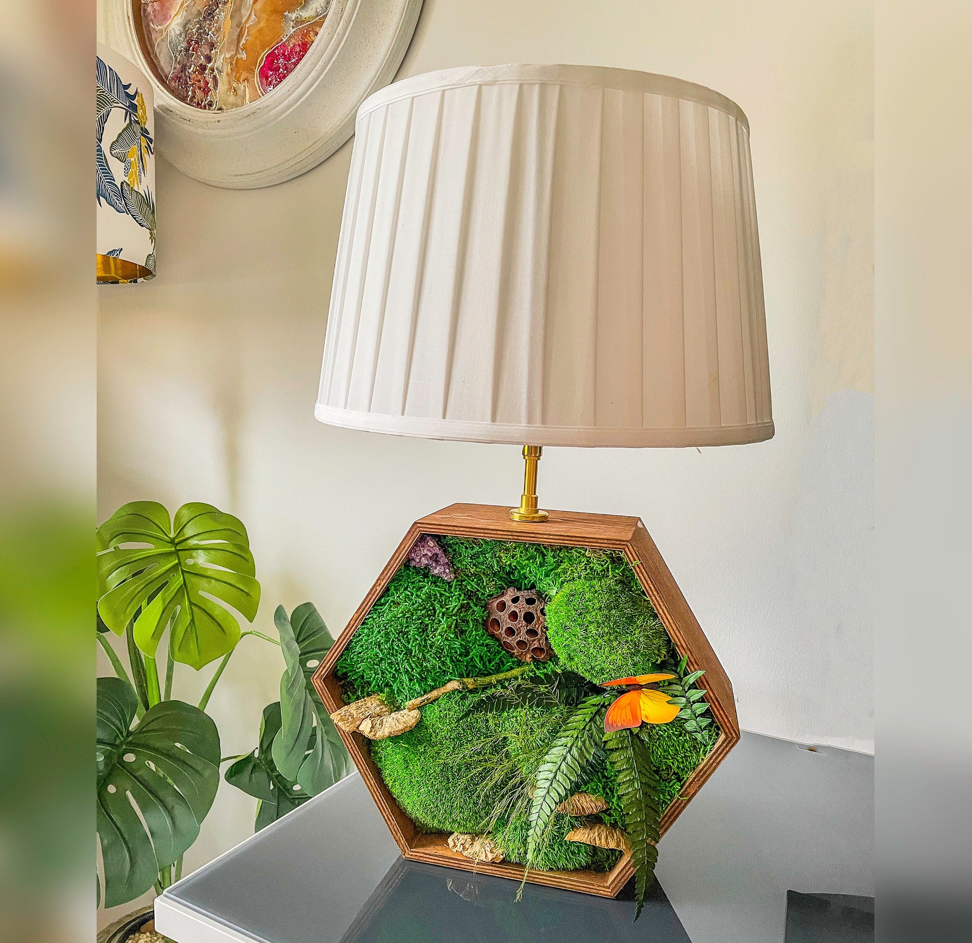 Wooden Hexagon lamp with Preserved Moss mossartbyrishstudio