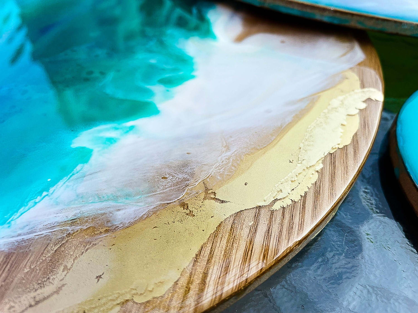 Ocean waves bamboo beach coasters epoxy resin handmade art mossartbyrishstudio