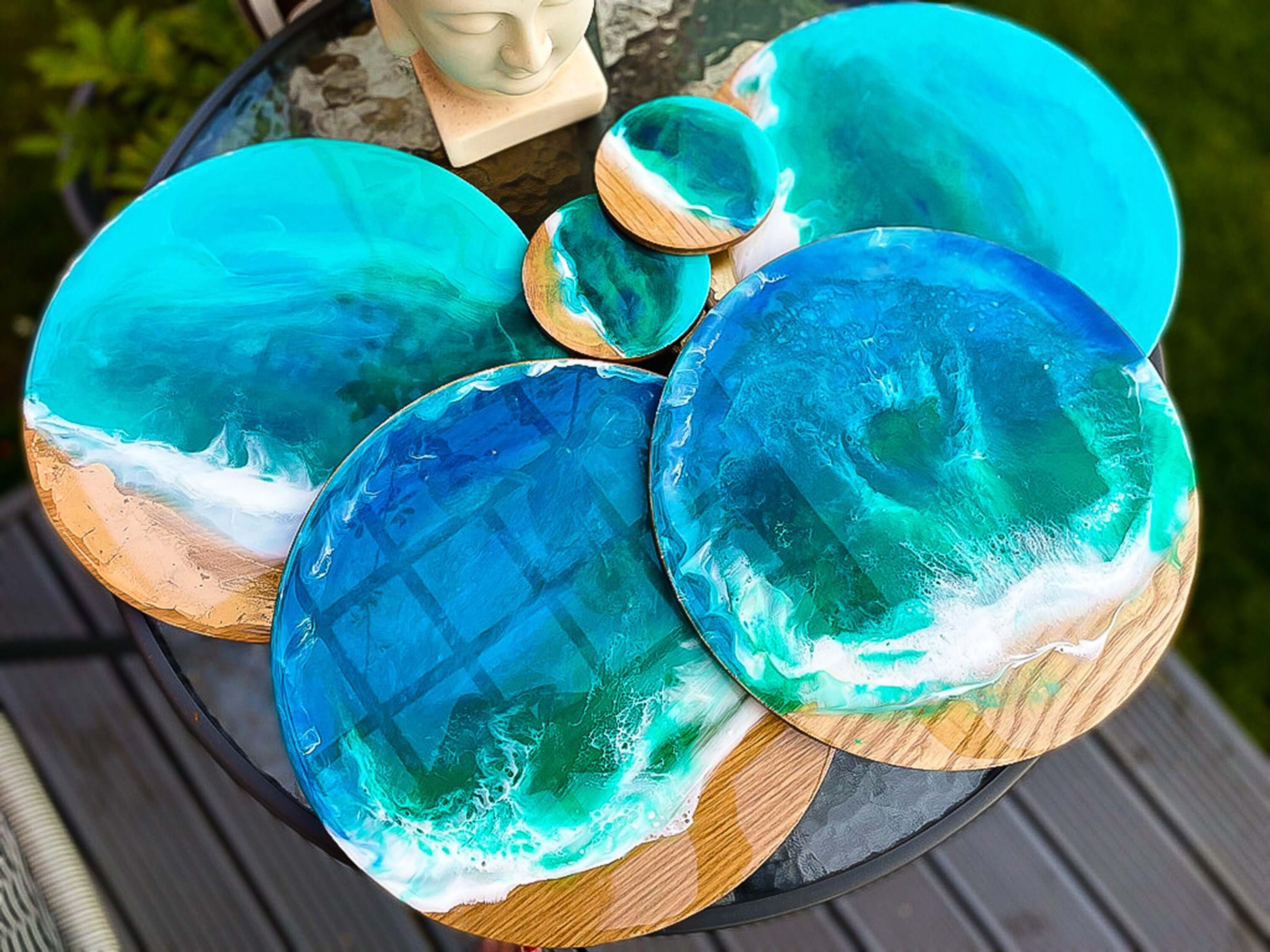 Ocean waves bamboo beach coasters epoxy resin handmade art