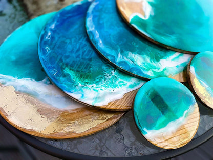 Ocean waves bamboo beach coasters epoxy resin handmade art mossartbyrishstudio